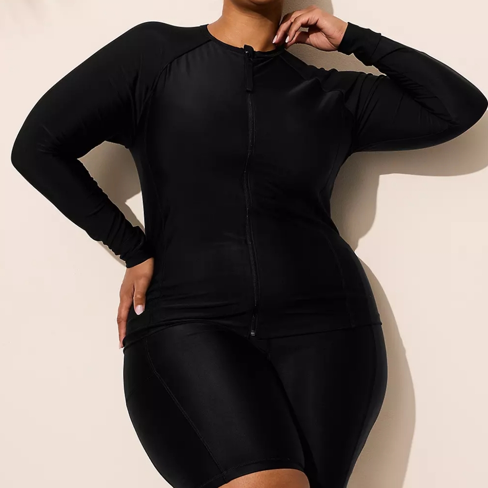 Lane Bryant Cacique Black Full Zip Rashguard Long Sleeve Swim Top Size 24 NWT